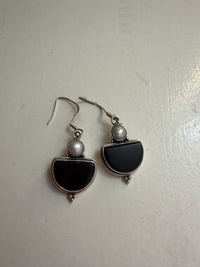 Sterling Silver 925 Onyx And Pearl Geometric Goth Earrings